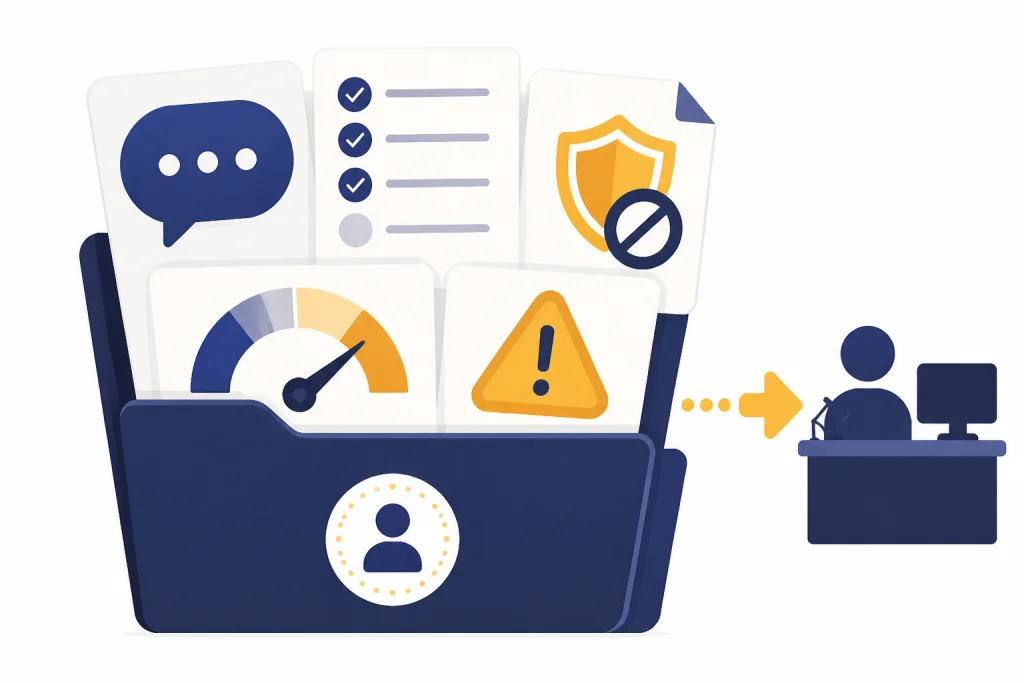 Handoff folder with issue bubble, checklist, policy sheet, sentiment gauge, and review arrow.