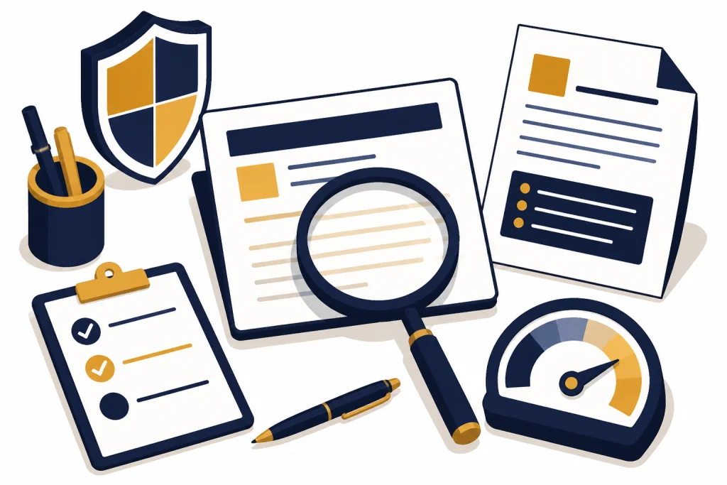 Support QA Review Quality review desk with draft card, magnifying glass, privacy shield, policy sheet, and checklist.