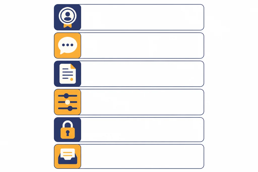 Six stacked prompt cards with icons for role, customer, policy, tone, constraint, and output.