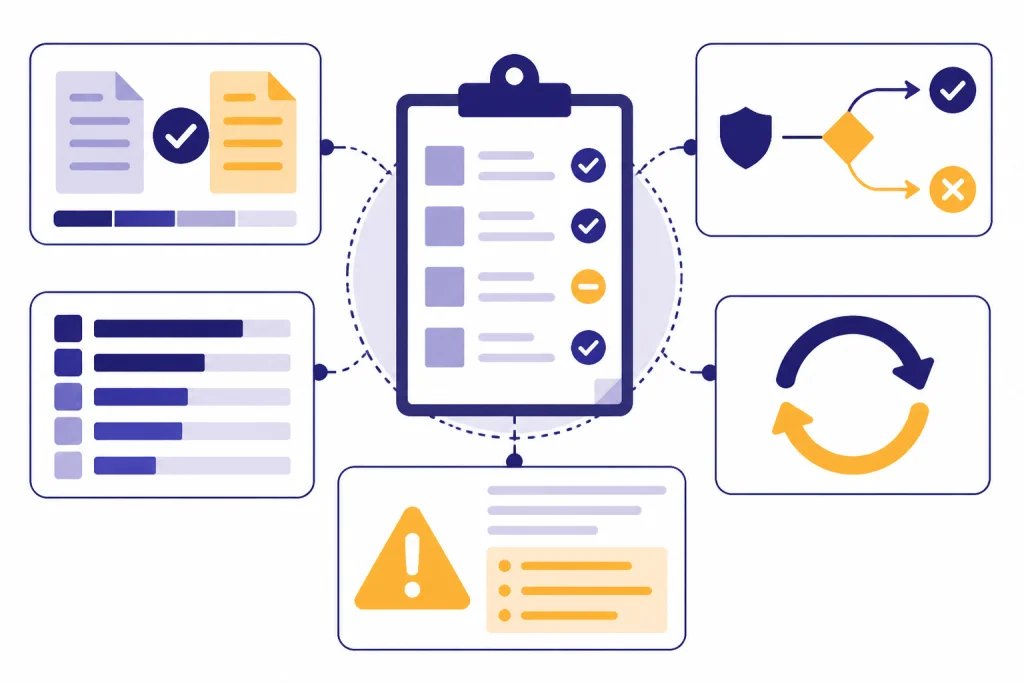 Support Quality Dashboard Quality dashboard with five panels around a review clipboard for support AI checks.