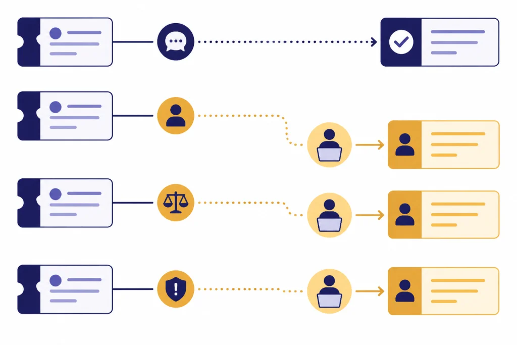 Four-lane ticket matrix with routine tickets flowing to reply and risky tickets to review.