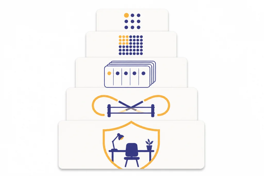 Five stacked plan cards with quota symbols increasing in size.