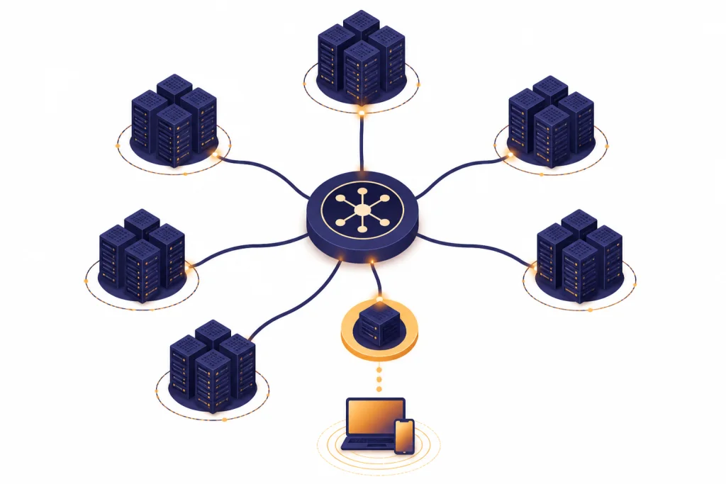Distributed Processing Map Six server clusters connected to a central hub, with an edge node closest to a user device.