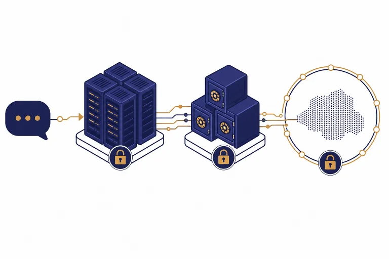 Chat bubble flowing through compute racks into encrypted storage vaults inside a regional boundary ring.