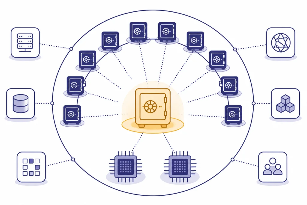 Ten vault cards around a highlighted region, with two GPU chips inside and integration blocks outside.