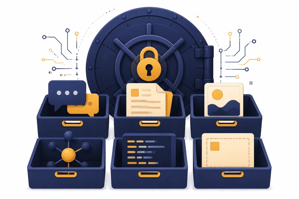 Six storage containers for chats, files, images, memory, code artifacts, and workspace content.