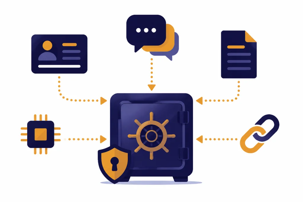 ChatGPT Data Collection Map Five data nodes feed into a locked vault: account card, chats, document, memory chip, and share link.