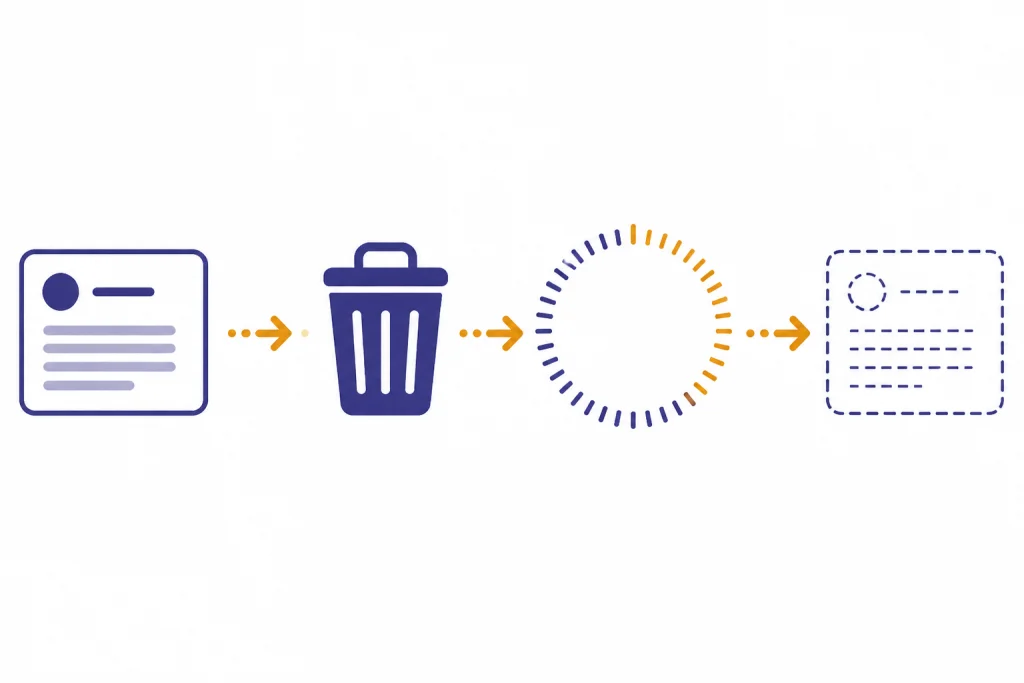 Chat Deletion Lifecycle Saved chat card moves to trash, then through a tick-mark waiting circle, ending as an erased outline.