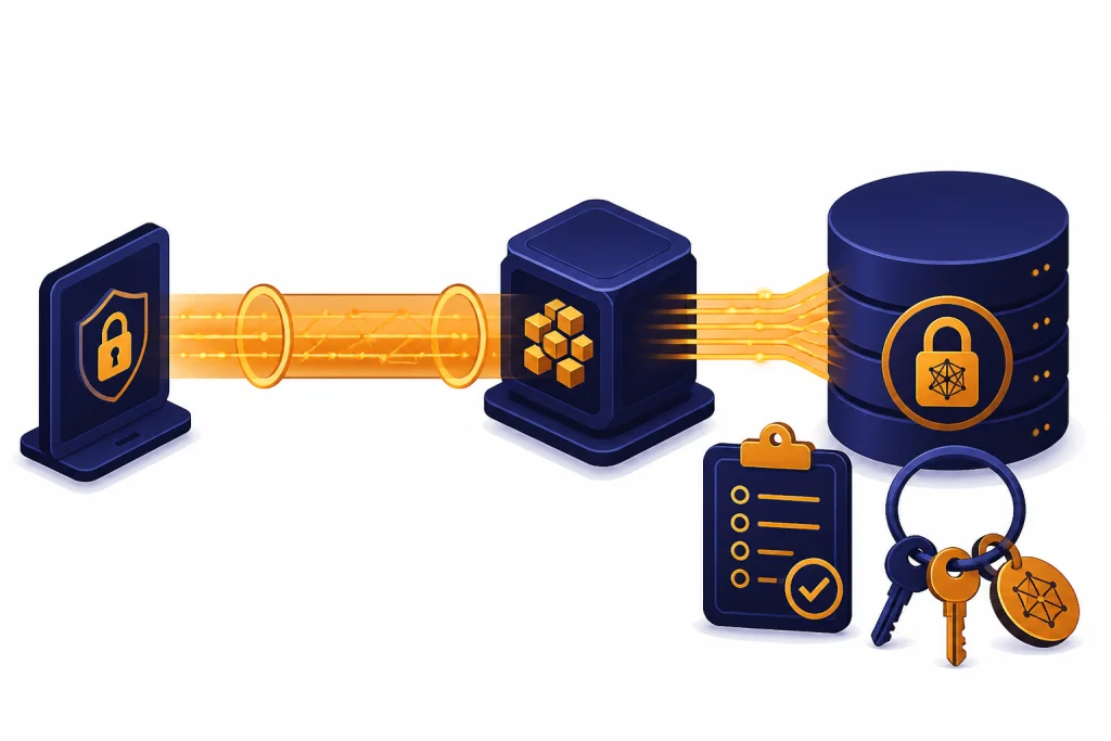 Device sends data through a protected tunnel to a processing node, locked datastore, audit clipboard, and key ring.