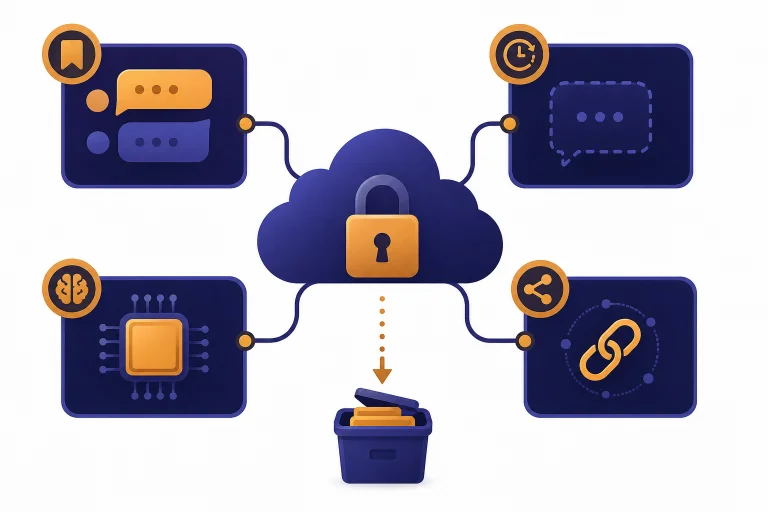 Cloud datastore with lock connected to chat, temporary chat, memory, shared link, and deletion arrow.