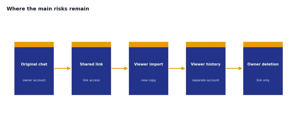 Process with 5 stages: Original chat, Shared link, Viewer import, Viewer history, Owner deletion.