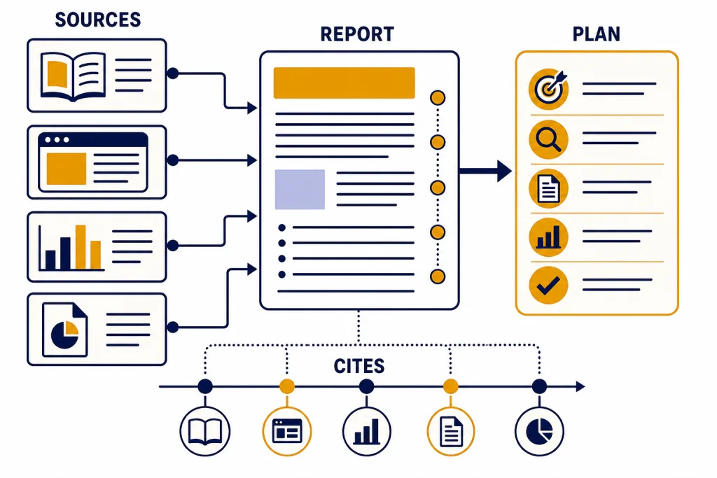 Deep Research Report Flow Research report panel connected to source tiles, a planning checklist, and labels SOURCES, PLAN, REPORT, CITES.