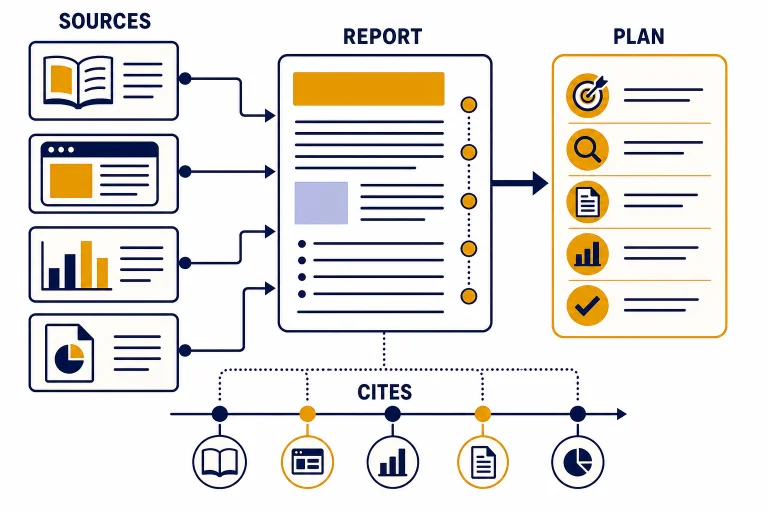 Research report panel connected to source tiles, a planning checklist, and labels SOURCES, PLAN, REPORT, CITES.
