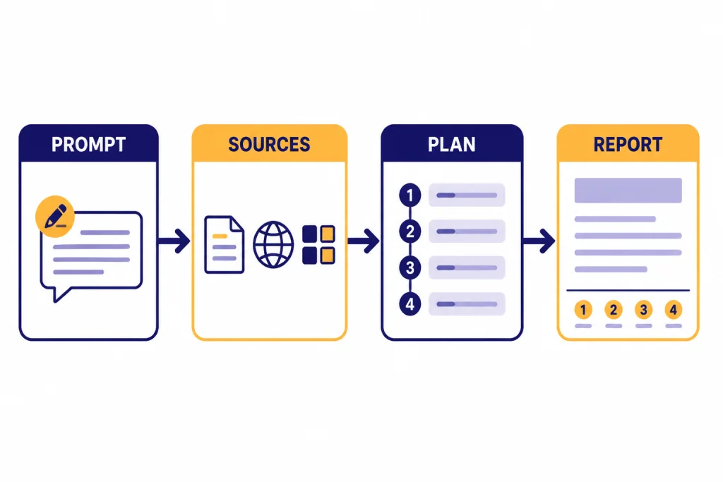 Pipeline with blocks labeled PROMPT, SOURCES, PLAN, and REPORT, ending in a cited report panel.