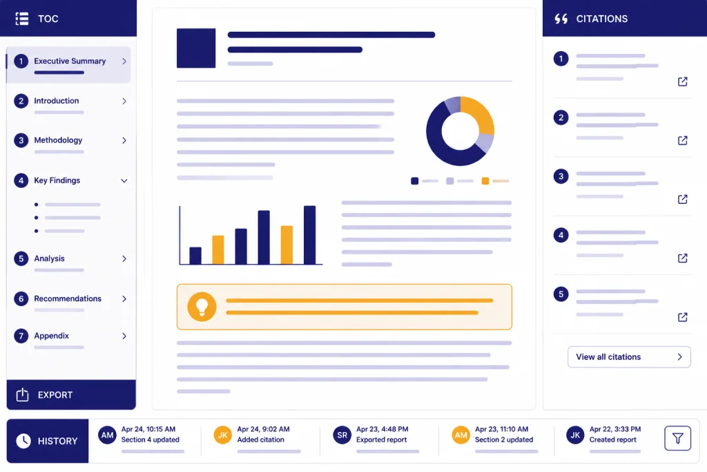 Report interface with labels TOC, CITATIONS, HISTORY, and EXPORT around the document layout.