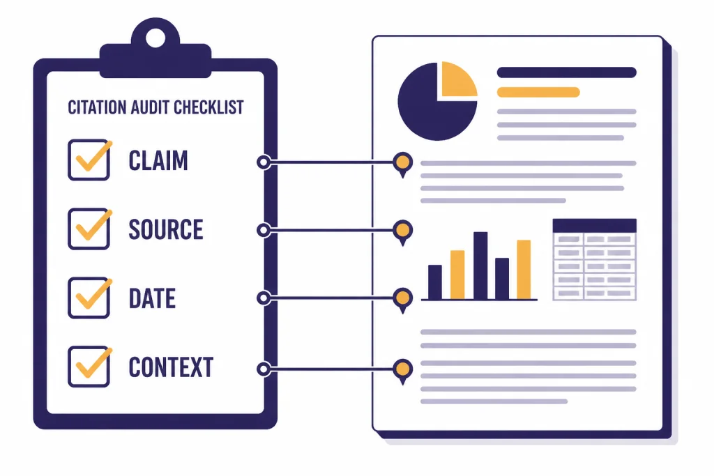 Citation audit checklist labeled CLAIM, SOURCE, DATE, and CONTEXT next to a report page.