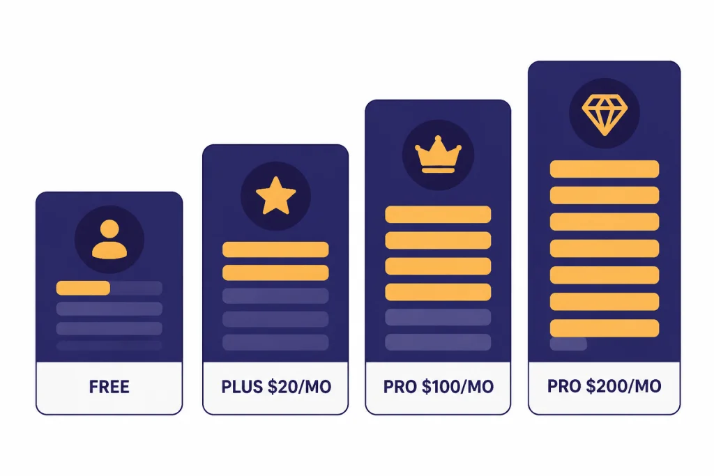 Four access cards labeled FREE, PLUS, PRO, and BUSINESS/ENTERPRISE increasing in capability.