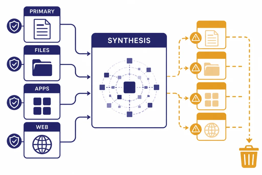 Source-control board labeled PRIMARY, FILES, APPS, WEB, and SYNTHESIS with weak sources filtered aside.