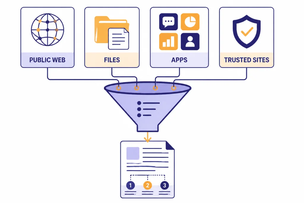 Four source cards labeled PUBLIC WEB, FILES, APPS, and TRUSTED SITES feeding a cited report.