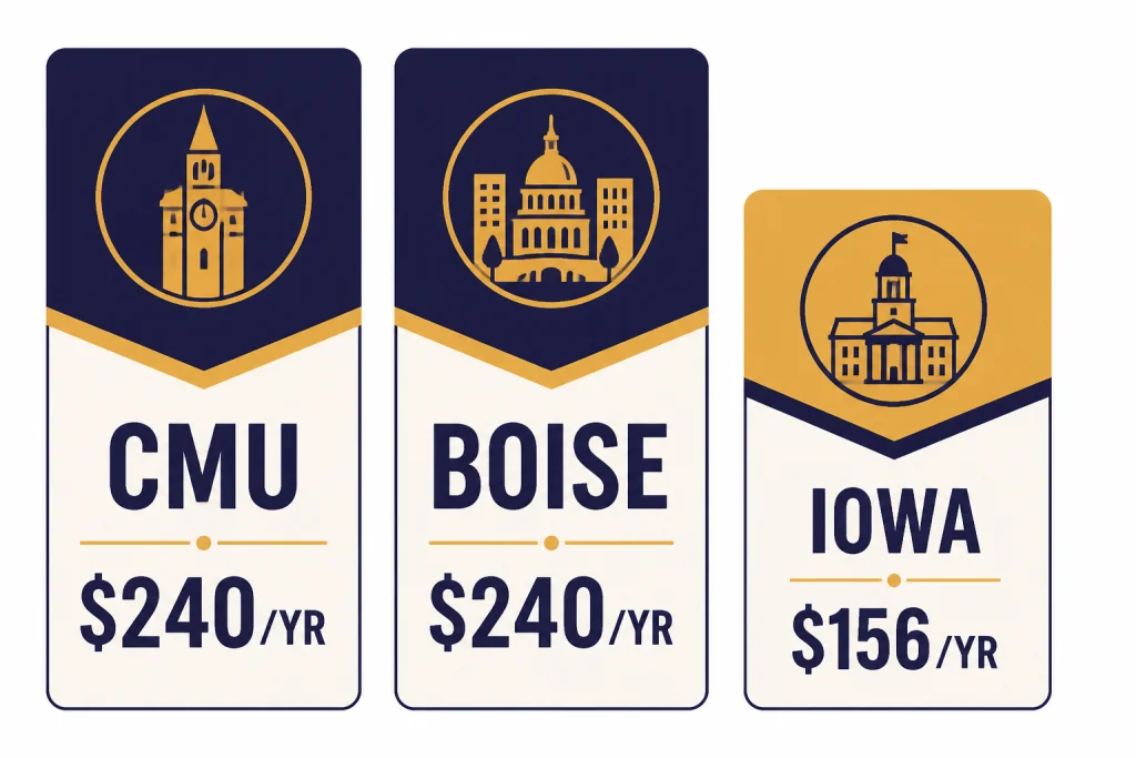 Campus Price Benchmarks Three benchmark cards labeled CMU $240/YR, BOISE $240/YR, and IOWA $156/YR.