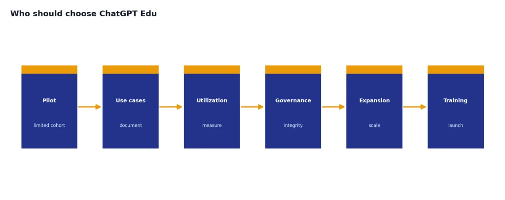 Process flow: Pilot limited cohort, Use cases document, Utilization measure, Governance integrity, Expansion scale, Training launch.