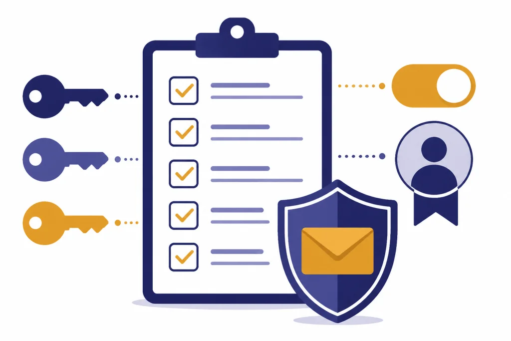 Deliverability Compliance Checklist Checklist with three authentication keys, unsubscribe switch, sender badge, and shielded envelope