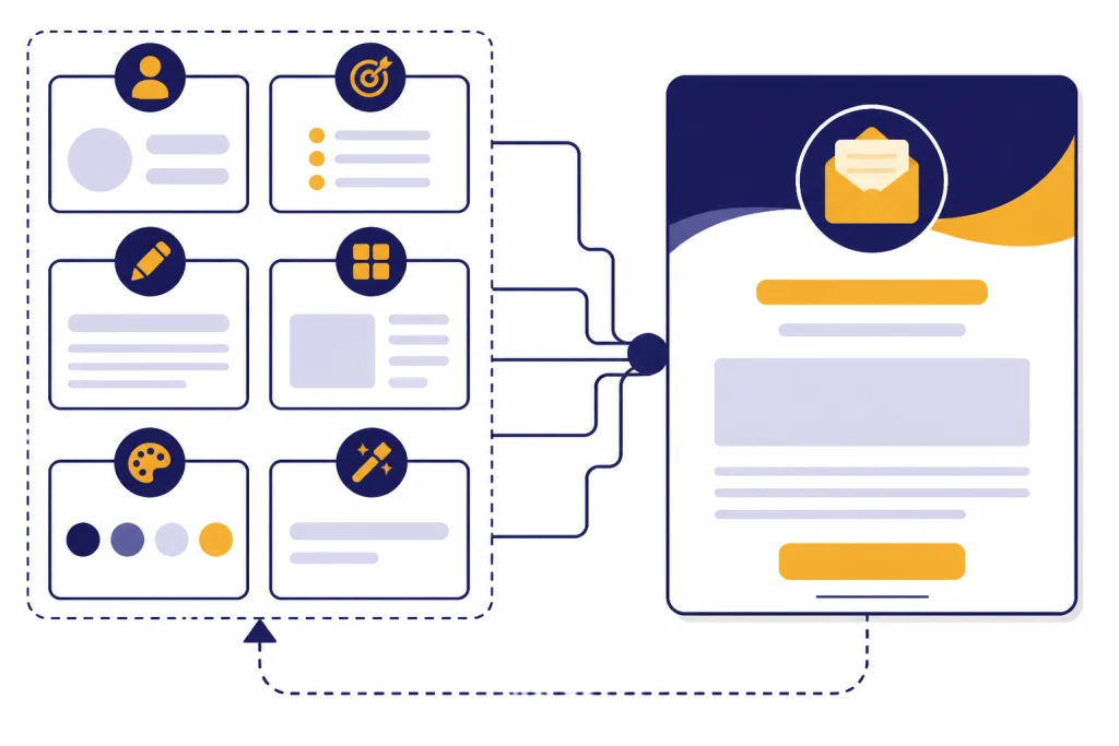 Template board with six input slots feeding into one email card and a review loop