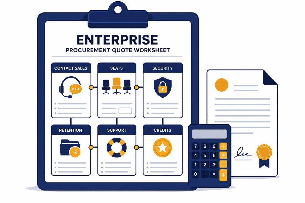 Enterprise Quote Worksheet Clipboard quote worksheet with tiles labeled CONTACT SALES, SEATS, SECURITY, RETENTION, SUPPORT, and CREDITS.