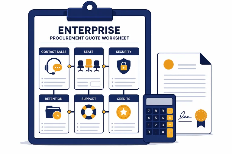 Clipboard quote worksheet with tiles labeled CONTACT SALES, SEATS, SECURITY, RETENTION, SUPPORT, and CREDITS.
