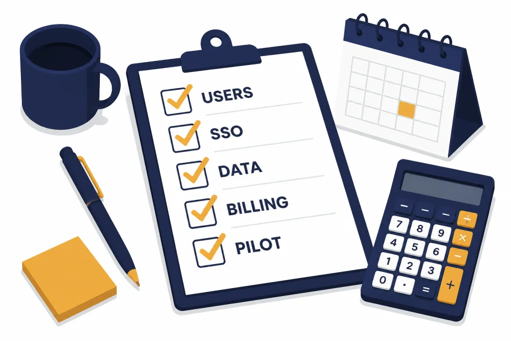 Procurement checklist with checked boxes labeled USERS, SSO, DATA, BILLING, and PILOT beside a calculator.