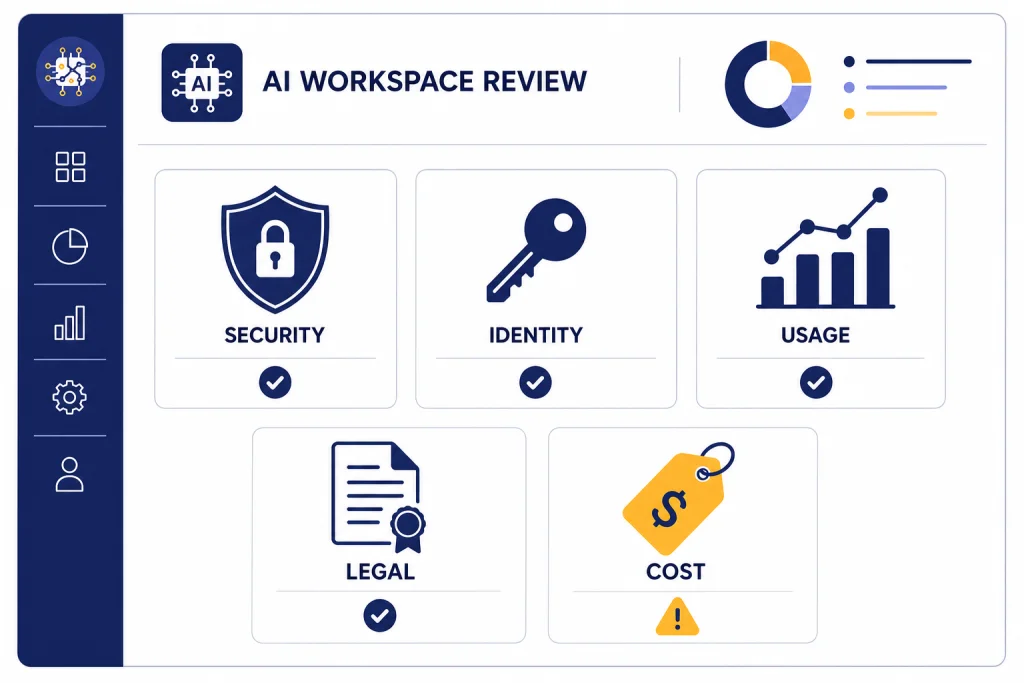 Enterprise Review Dashboard Review dashboard tiles labeled SECURITY, IDENTITY, USAGE, LEGAL, and COST with checks and one caution sign.