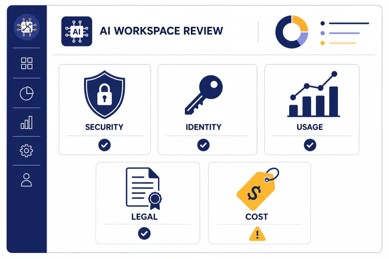 Review dashboard tiles labeled SECURITY, IDENTITY, USAGE, LEGAL, and COST with checks and one caution sign.