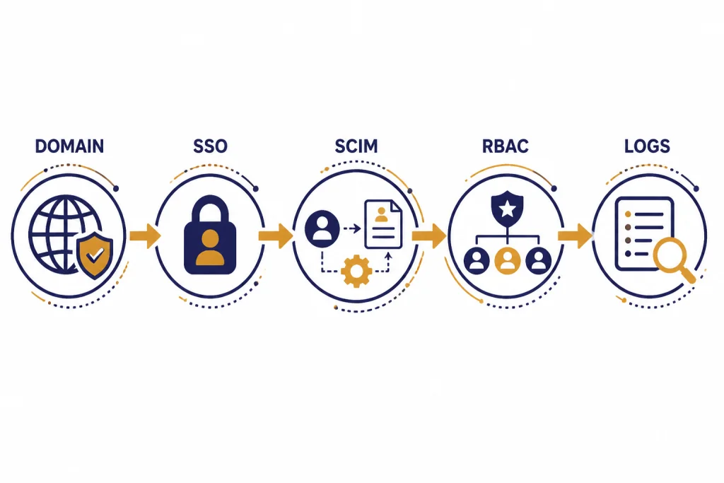 Governance flow labeled DOMAIN, SSO, SCIM, RBAC, and LOGS connected left to right.