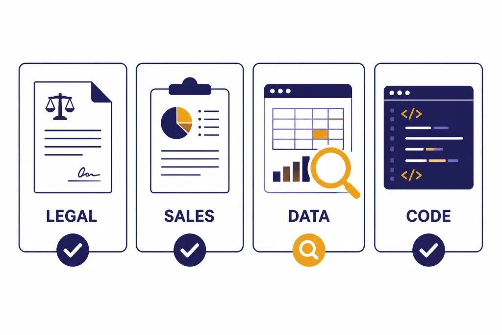 Four work test tiles labeled LEGAL, SALES, DATA, and CODE with checkmarks and a review magnifier.