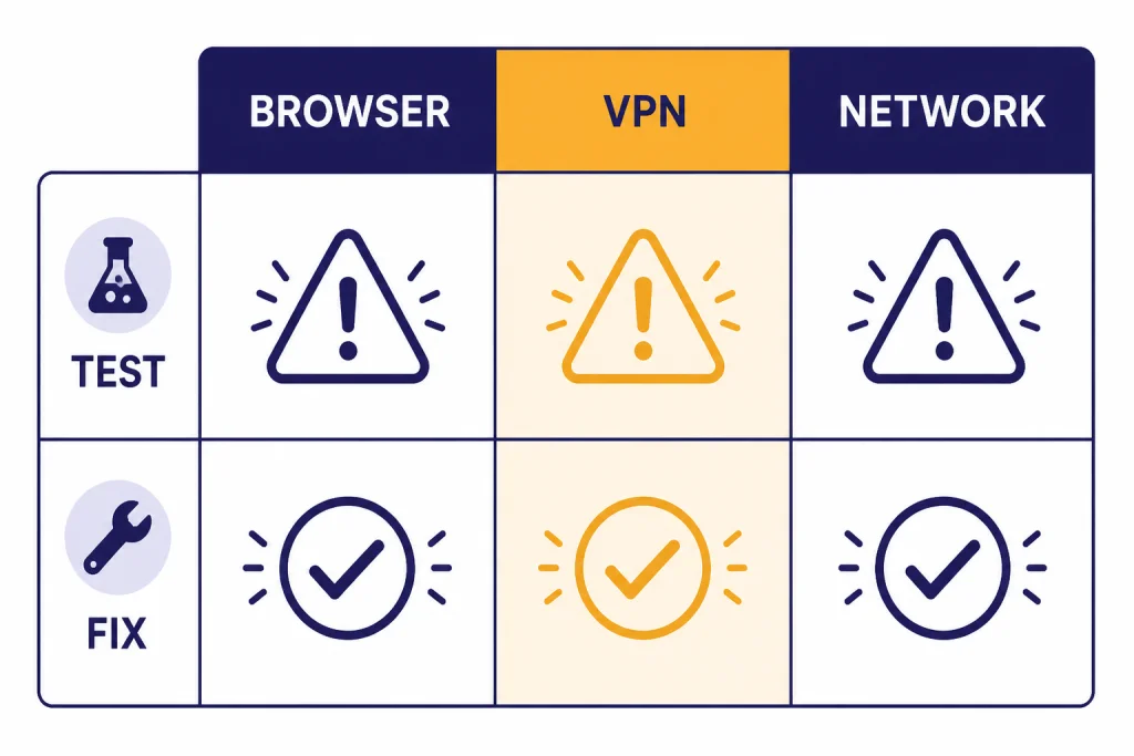 Comparison matrix labeled BROWSER, VPN, NETWORK, TEST, and FIX with the VPN column highlighted.