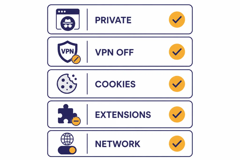 Five troubleshooting cards labeled PRIVATE, VPN OFF, COOKIES, EXTENSIONS, and NETWORK with checkmarks.