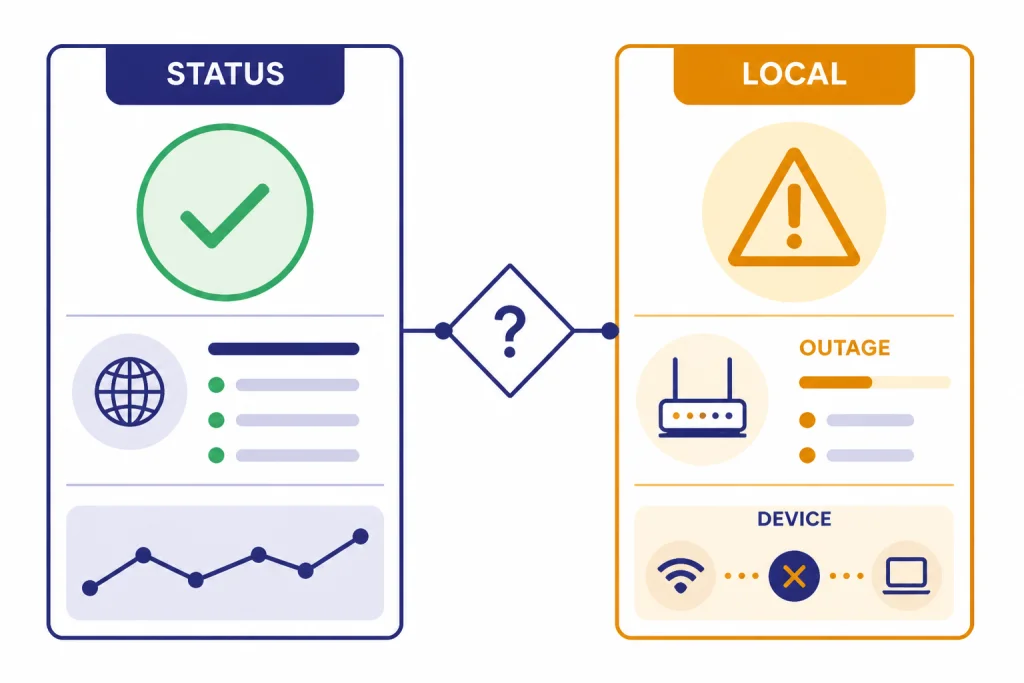 Diagnostic split screen labeled STATUS, LOCAL, OUTAGE, and DEVICE with a decision diamond between columns.