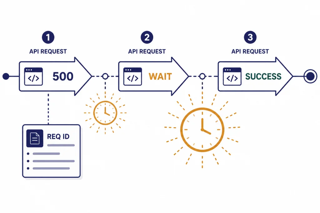 API retry timeline labeled 500, WAIT, SUCCESS with a backoff clock and REQ ID log card.