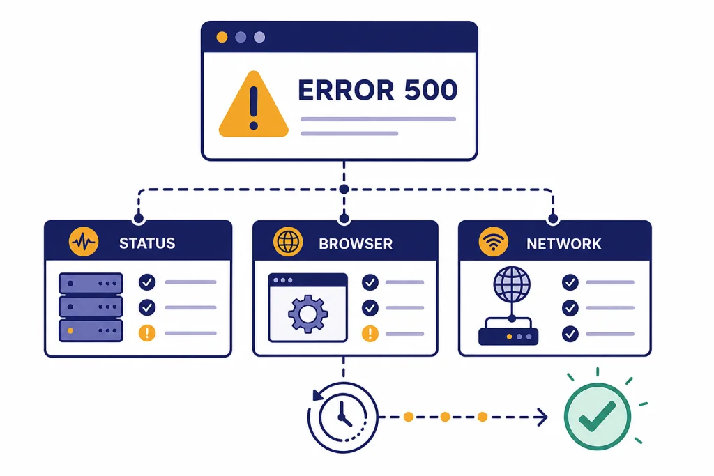 ChatGPT Error 500 Triage Browser error panel labeled ERROR 500 connected to STATUS, BROWSER, and NETWORK diagnostic cards.