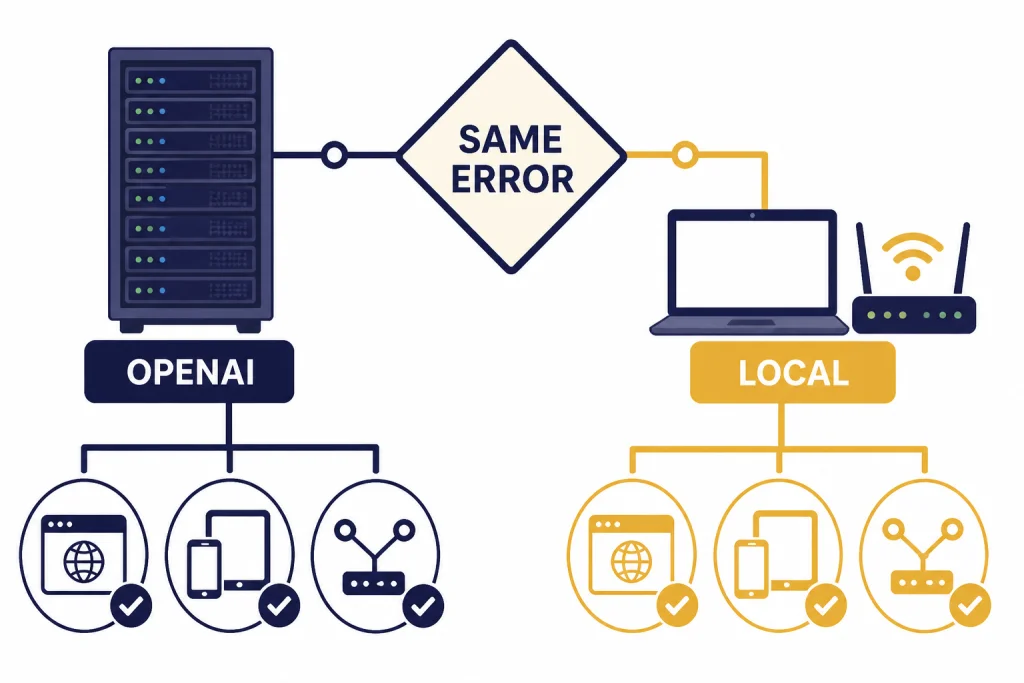 Decision chart labeled SAME ERROR branching to OPENAI and LOCAL with browser, device, and network tests.
