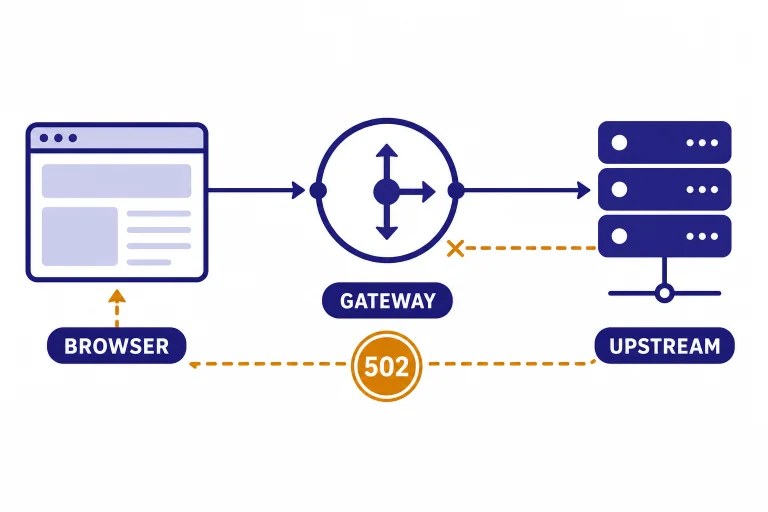 Request chain labeled BROWSER, GATEWAY, UPSTREAM, with a broken connector and 502 badge.