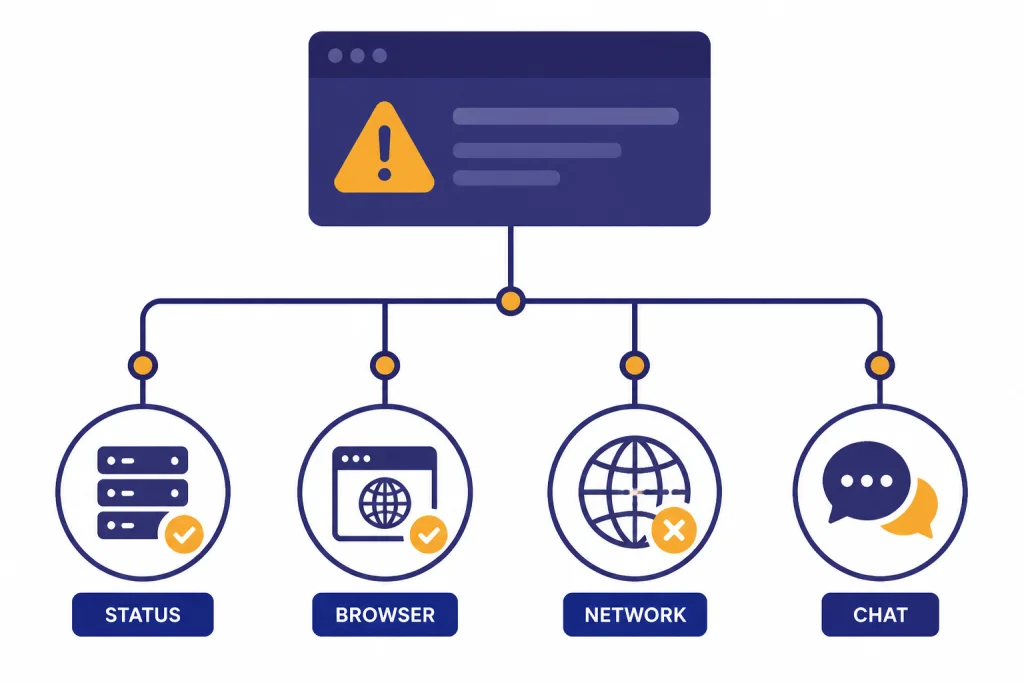 Decision tree from ERROR to STATUS, BROWSER, NETWORK, and CHAT branches.