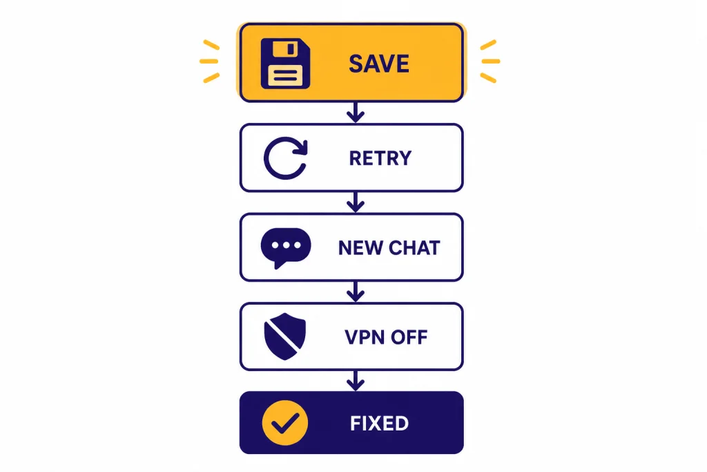 Most Common Fixes Five troubleshooting cards labeled SAVE, RETRY, NEW CHAT, VPN OFF, and FIXED connected by arrows.