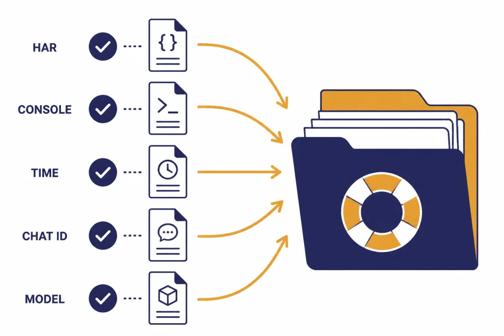 Support packet folder collecting documents labeled HAR, CONSOLE, TIME, CHAT ID, and MODEL.