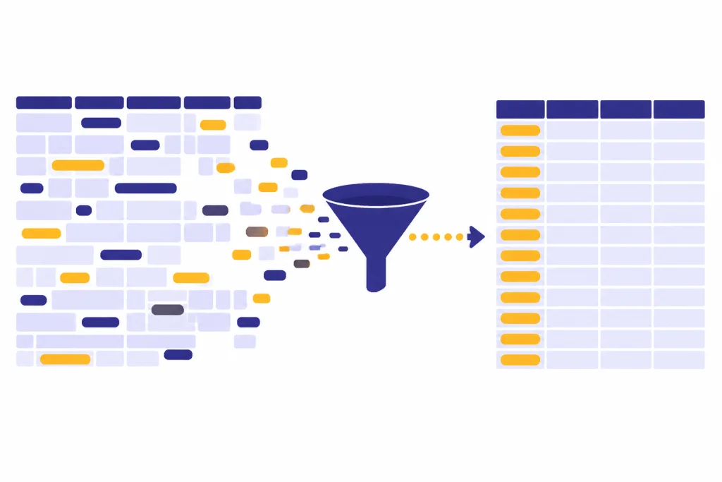 Cleanup Transformation Flow Messy spreadsheet rows flowing through a funnel into a clean table with aligned category chips.