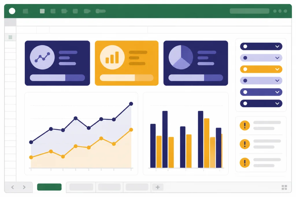 Dashboard Prompt Layout Dashboard layout with three KPI cards, line and bar chart panels, filters, and source-data warning markers.