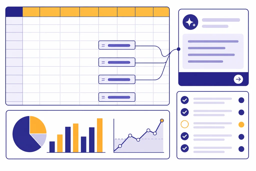 Excel Prompt Workspace Spreadsheet grid connected to a prompt card, formula cells, chart panel, and review checklist.