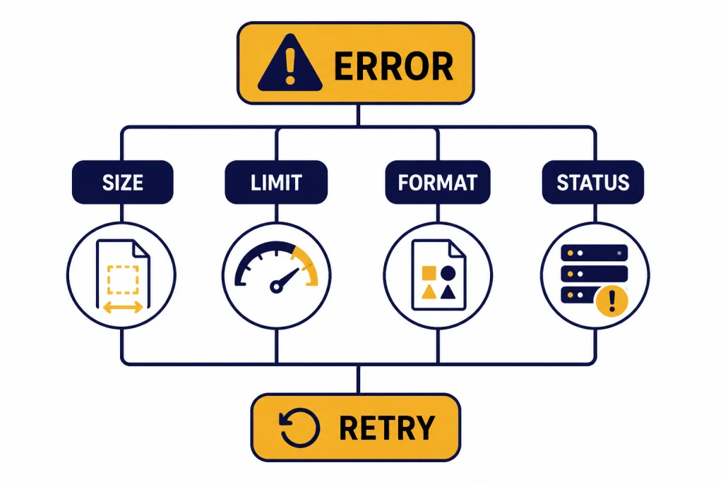Troubleshooting tree labeled ERROR branching to SIZE, LIMIT, FORMAT, STATUS, then RETRY.