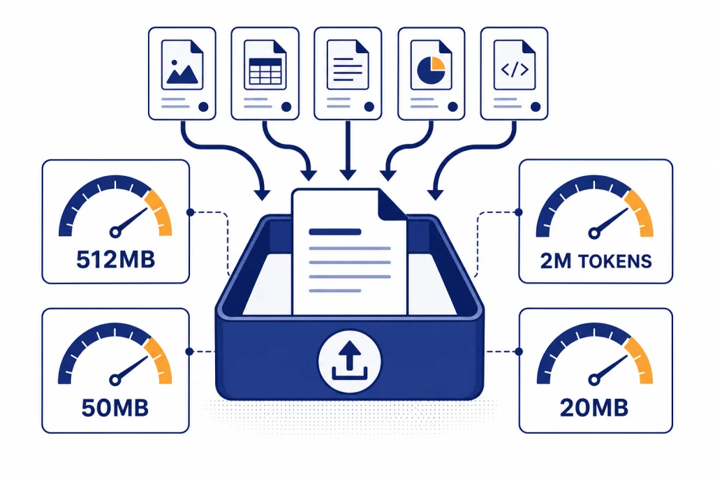 File Upload Limit Dashboard File upload panel with five file cards and gauges labeled 512MB, 2M TOKENS, 50MB, and 20MB.