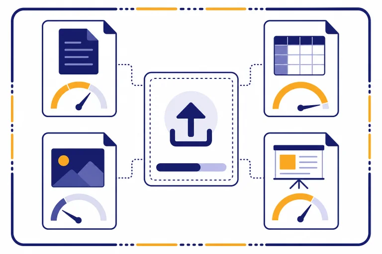 File upload panel surrounded by document, spreadsheet, image, and slide cards with capacity gauges.